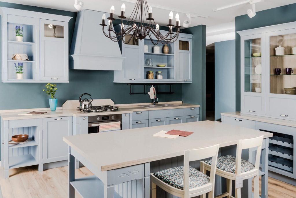blue kitchen with open cabinets