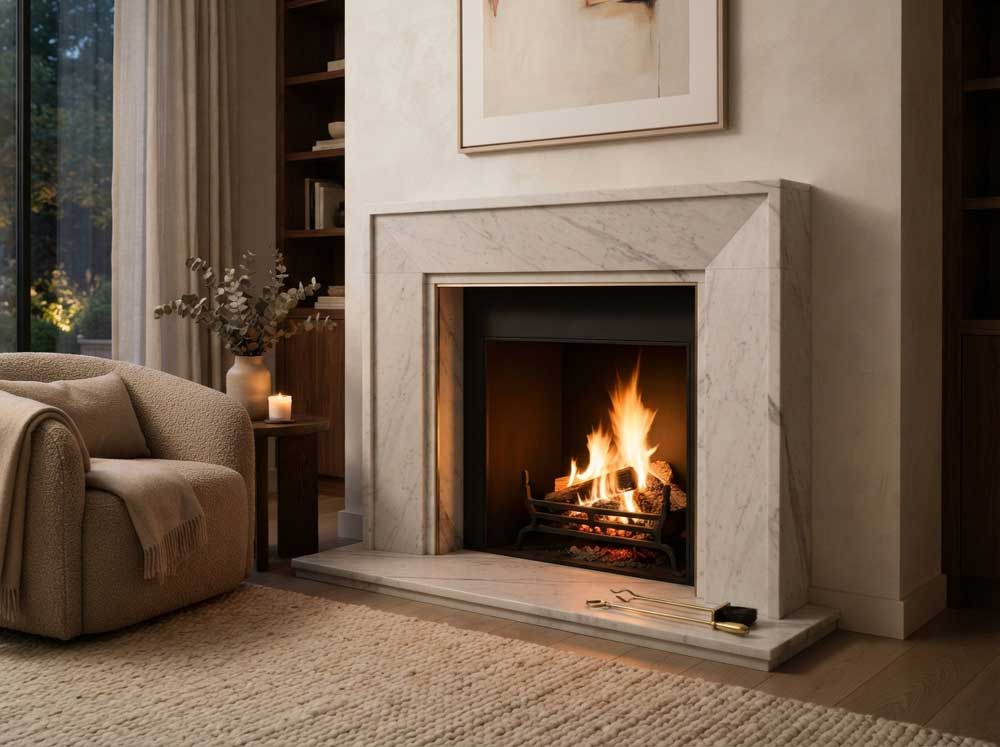 Marble fireplace with a burning fire in a cozy living room